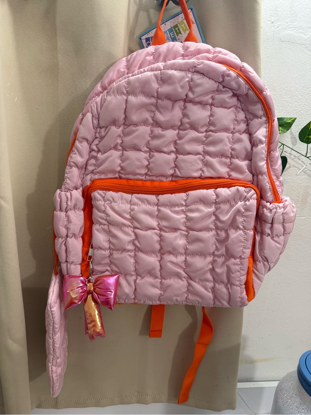 Kids Pink Quilted Backpack with Orange Trim